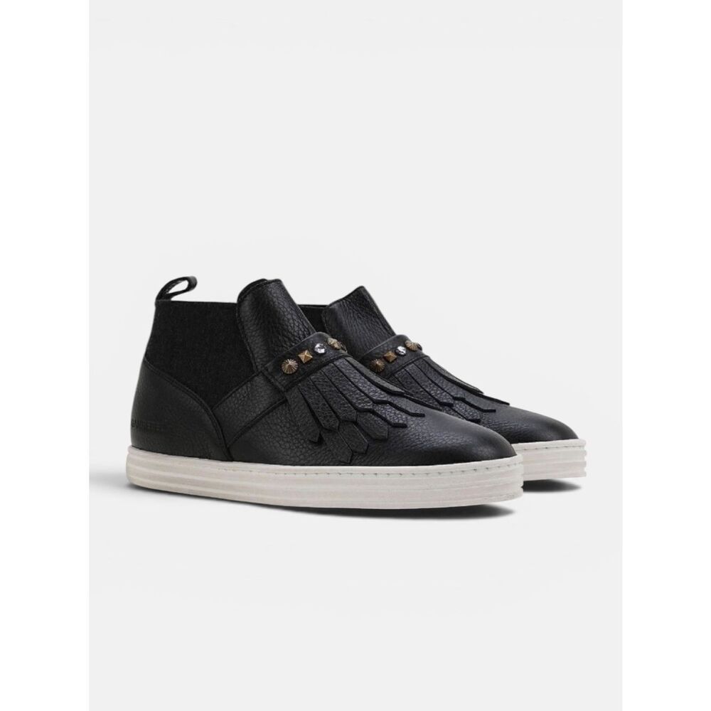 Hogan Black Leather Ankle Sneaker Boots Slip-on Studded with Fringes 37,5 US 7,5